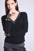 Pull Col V Rib Couleur Perla - Noir Argente - Femme