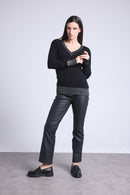 Pull Col V Rib Couleur Perla - Noir Argente - Femme
