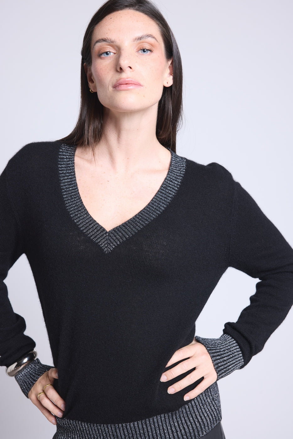 Perla Colour Ribbed V-Neck Jumper - Silver Black - Women - 100% Cashmere