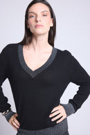 Pull Col V Rib Couleur Perla - Noir Argente - Femme