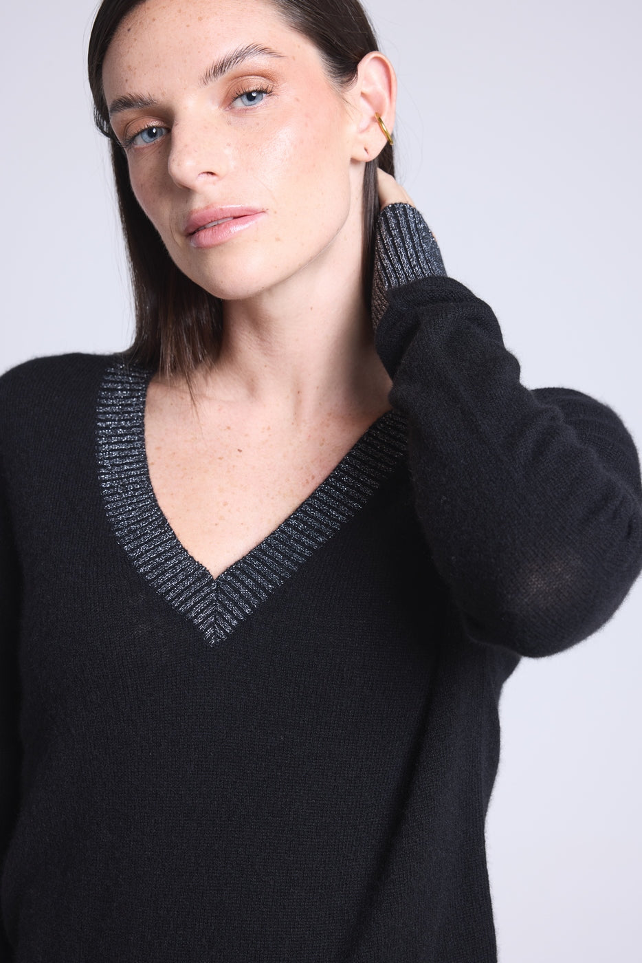 Perla Colour Ribbed V-Neck Jumper - Silver Black - Women - 100% Cashmere