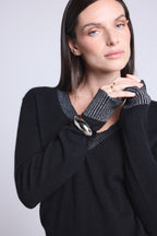 Perla Colour Ribbed V-Neck Jumper - Silver Black - Women - 100% Cashmere