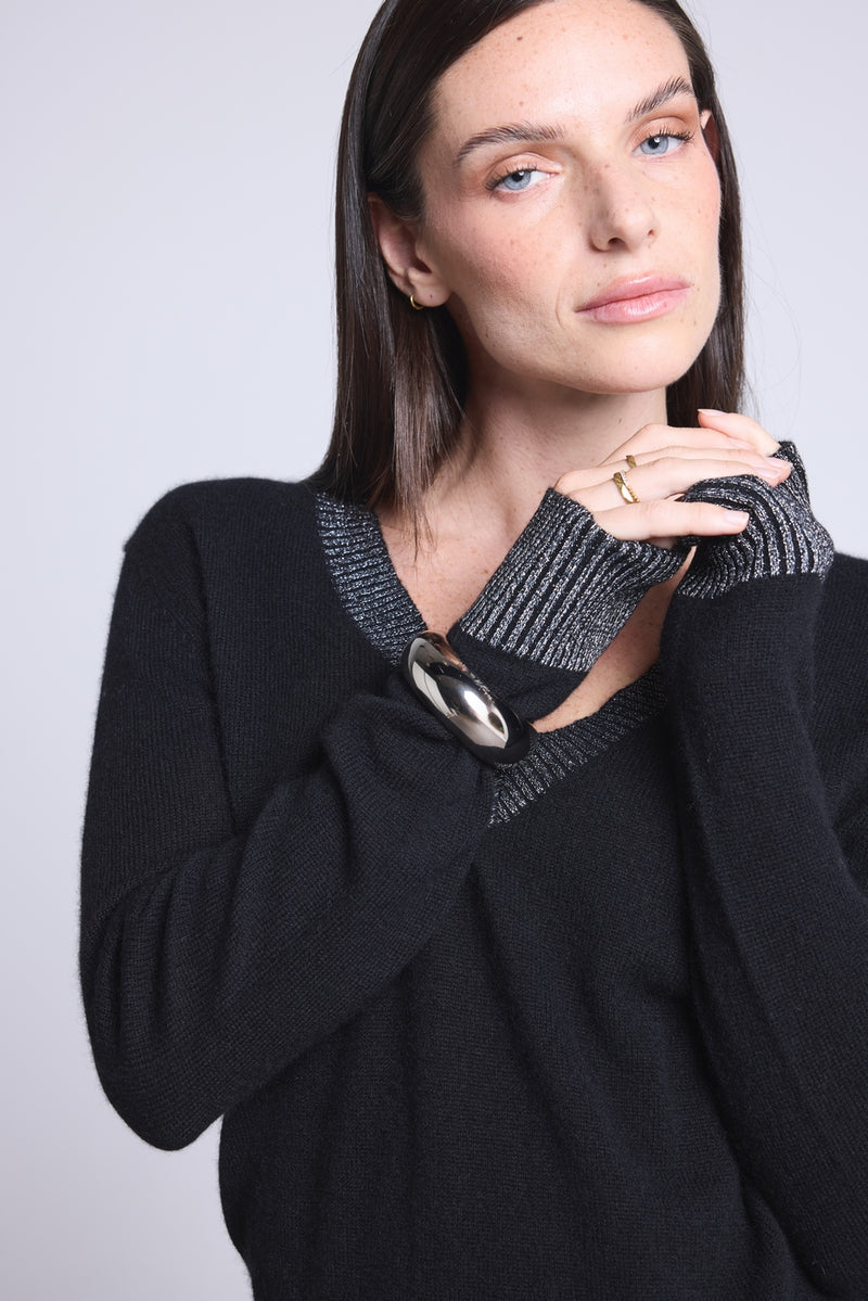 Pull Col V Rib Couleur Perla - Noir Argente - Femme