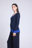 Pull Col V Rib Couleur Perla - Bleu Marine Bleu Roi - Femme