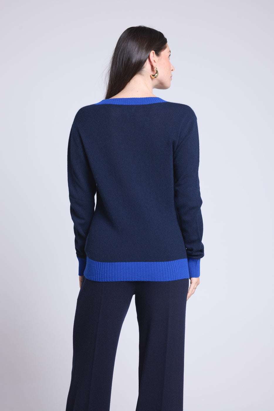 Jersey de cuello en V Perla de canalé de color - Azul marino azul rey - Mujer
