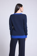 Pull Col V Rib Couleur Perla - Bleu Marine Bleu Roi - Femme