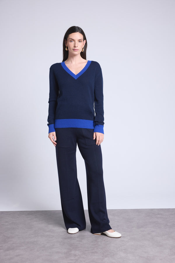 Maglione con scollo a V a coste colore Perla - Blu navy blu reale - Donna - 100% cashmere