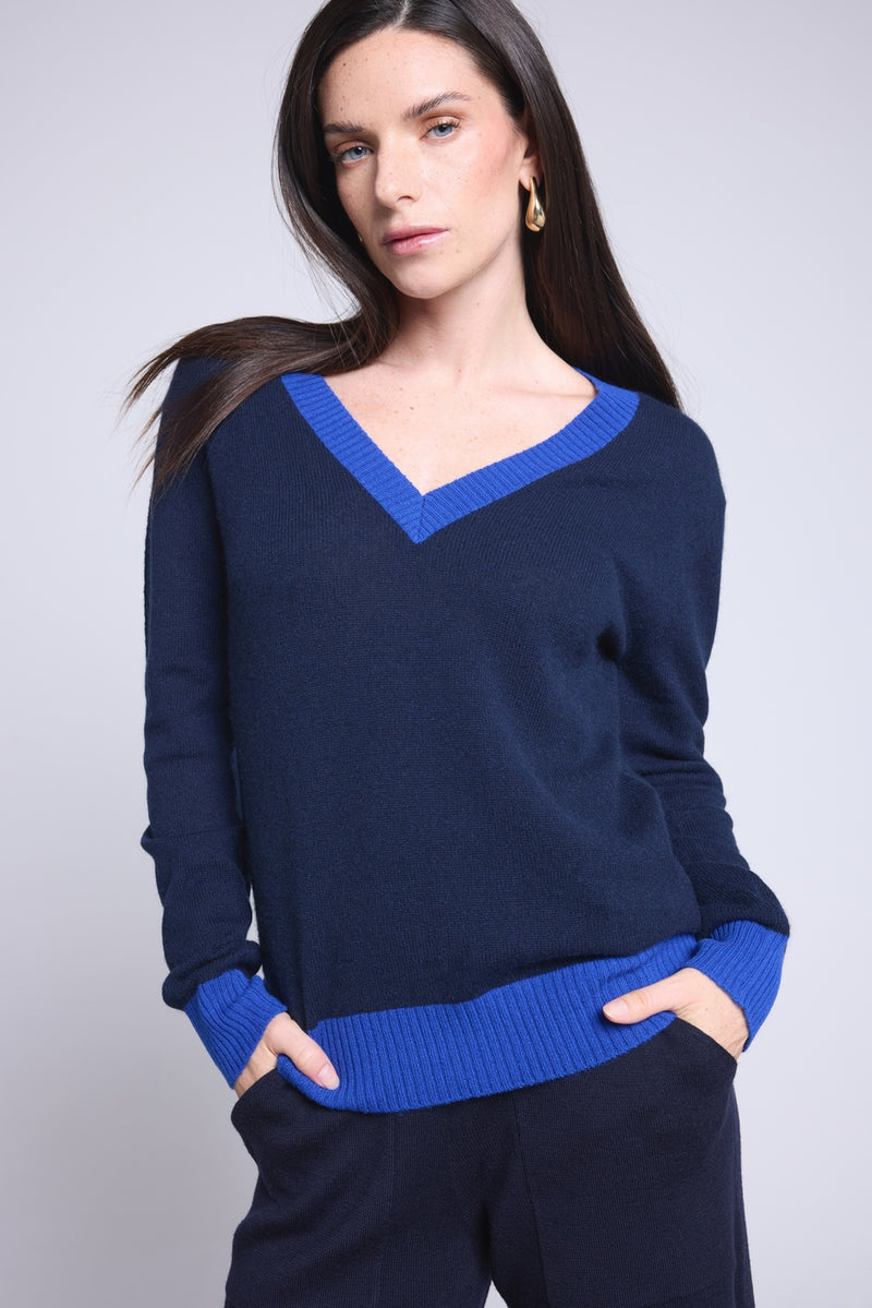 Pull Col V Rib Couleur Perla - Bleu Marine Bleu Roi - Femme