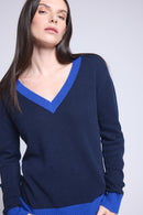 Pull Col V Rib Couleur Perla - Bleu Marine Bleu Roi - Femme