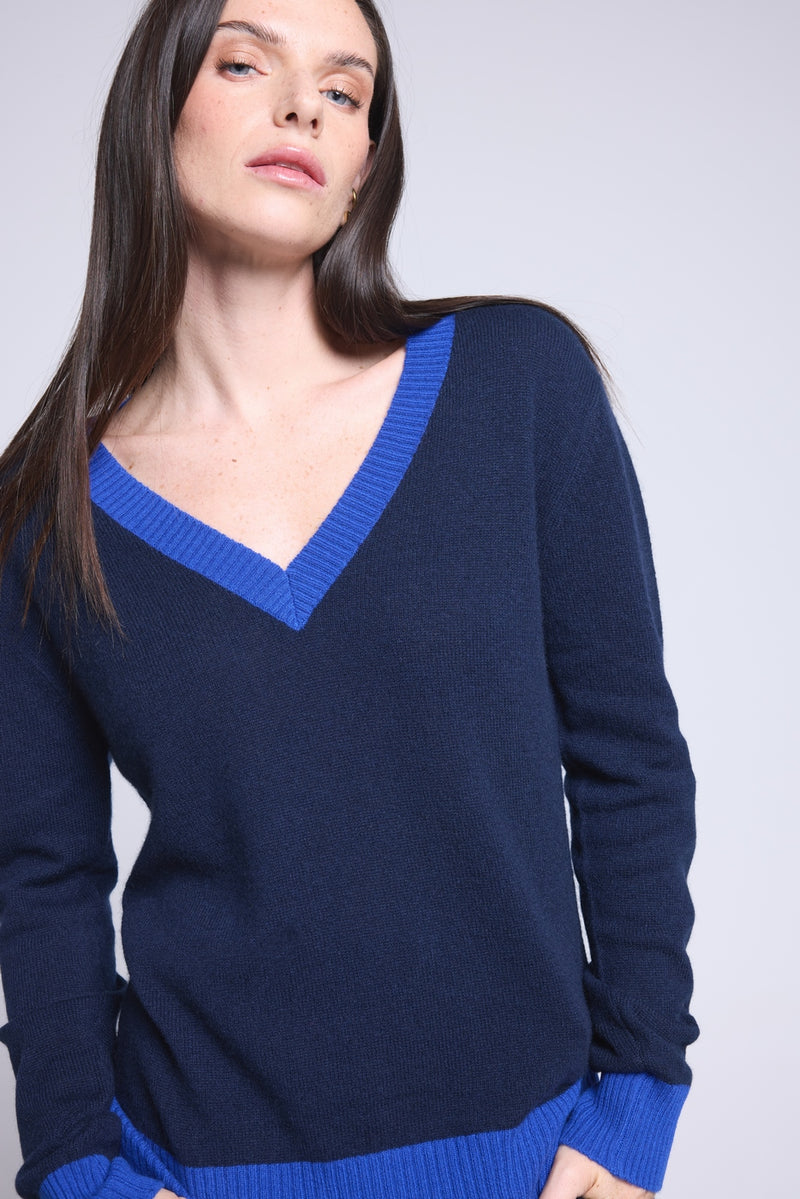 Pull Col V Rib Couleur Perla - Bleu Marine Bleu Roi - Femme