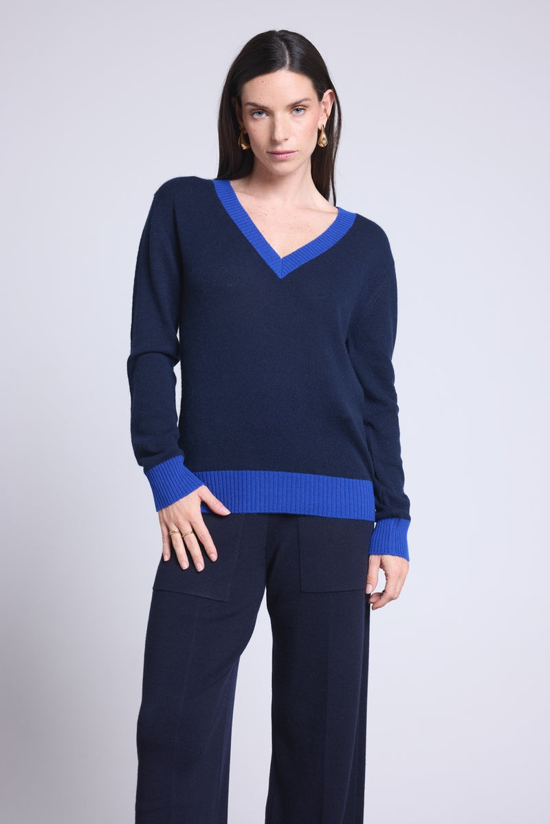 Pull Col V Rib Couleur Perla - Bleu Marine Bleu Roi - Femme