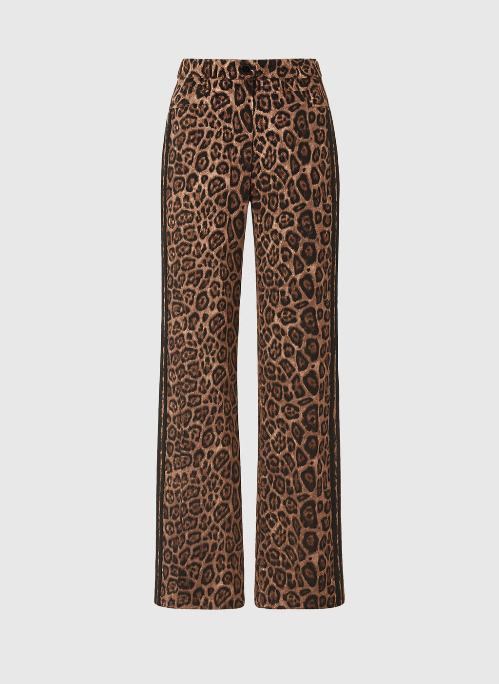 An'ge – Pantalon Perleo Noir, pantalon large marron à motif léopard et bandes latérales noires, vue de face