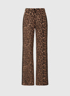 An'ge – Pantalon Perleo Noir, pantalon large marron à motif léopard et bandes latérales noires, vue de face
