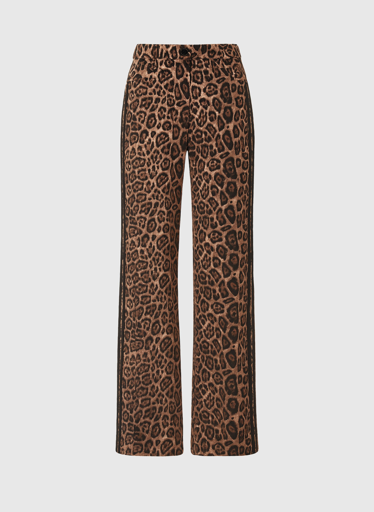 An'ge – Pantalon Perleo Noir, pantalon large marron à motif léopard et bandes latérales noires, vue de face