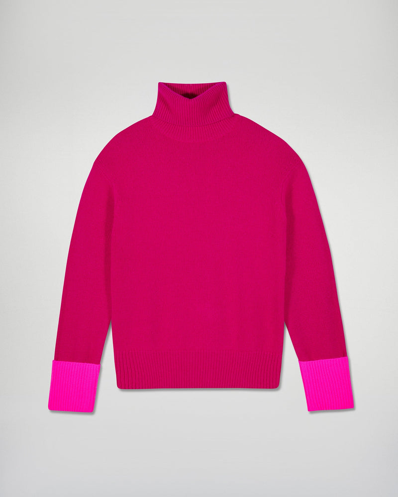 Pull Col Roulé Bords Contrastés - Raspberry Pink - Femme