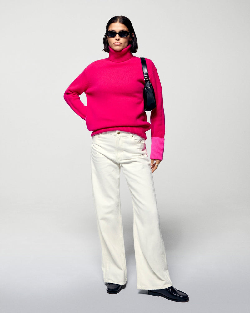 Pull Col Roulé Bords Contrastés - Raspberry Pink - Femme