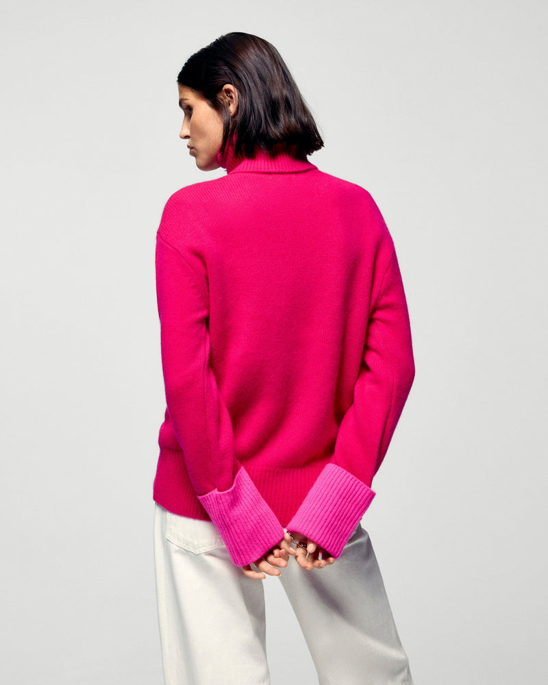 Pull Col Roulé Bords Contrastés - Raspberry Pink - Femme