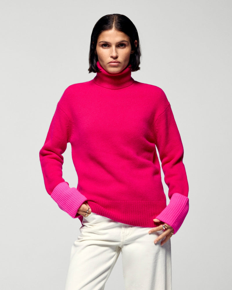 Pull Col Roulé Bords Contrastés - Raspberry Pink - Femme