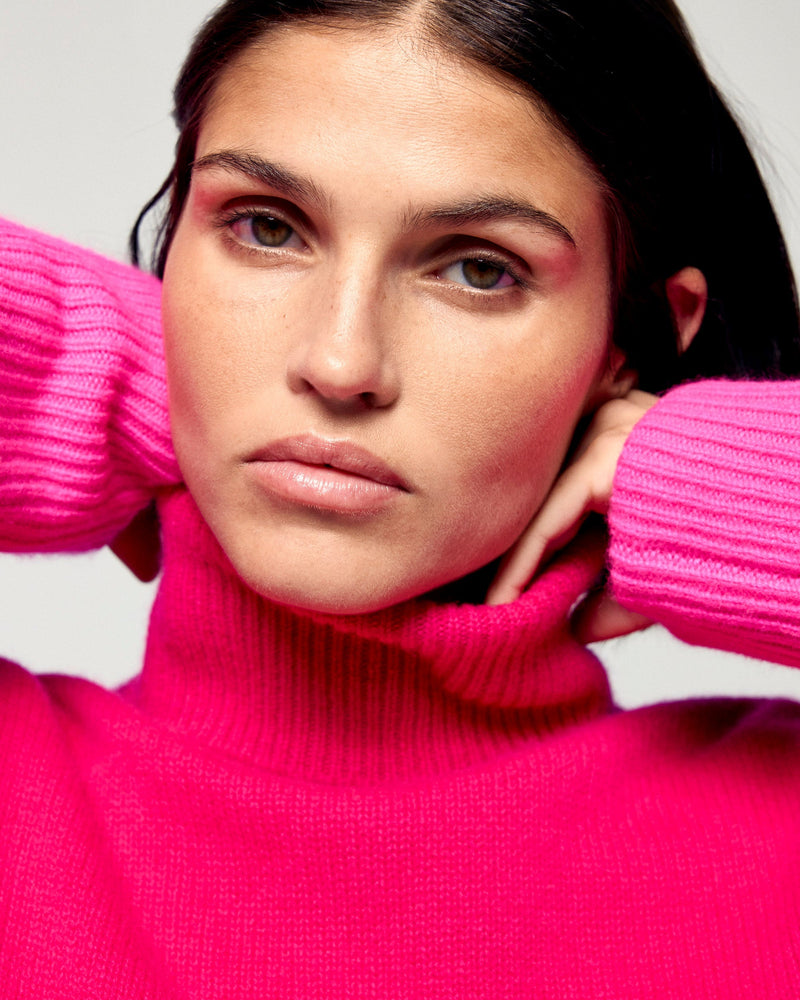 Pull Col Roulé Bords Contrastés - Raspberry Pink - Femme