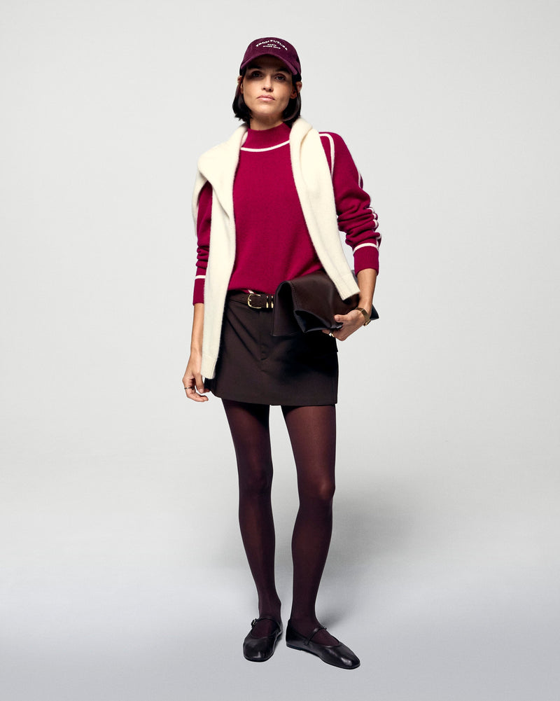 Pull Col Montant Liserés Contrastés - Solar Burgundy - Femme