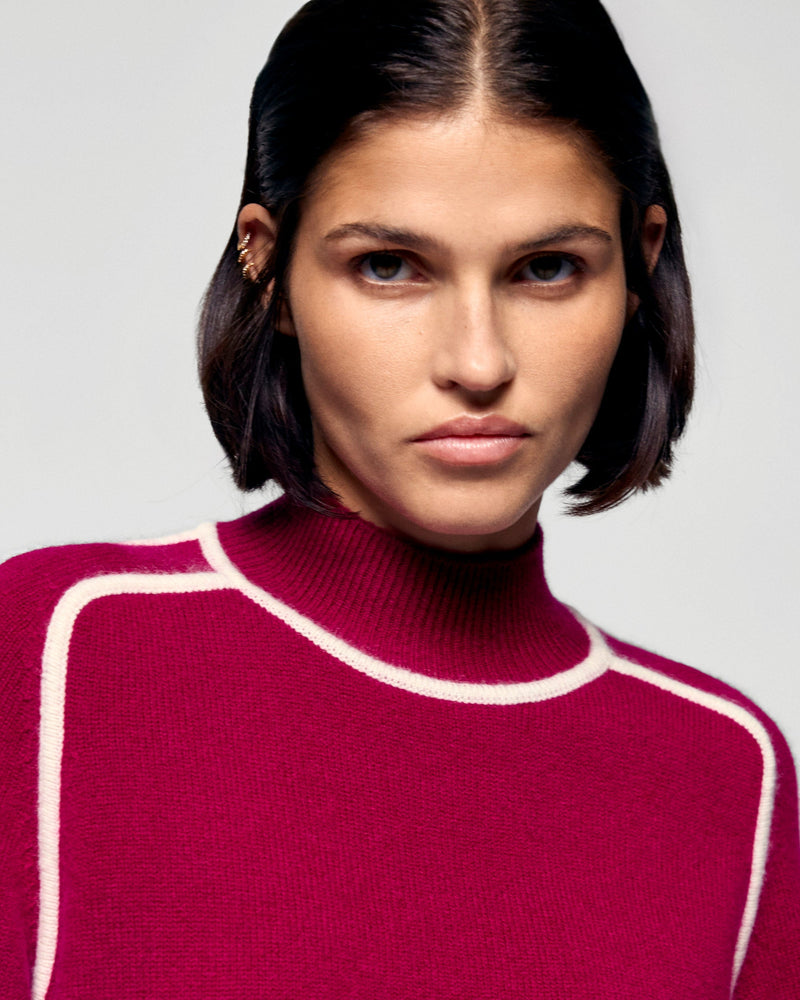 Pull Col Montant Liserés Contrastés - Solar Burgundy - Femme