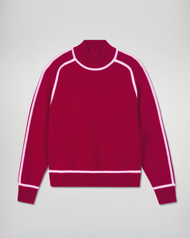 Pull Col Montant Liserés Contrastés - Solar Burgundy - Femme