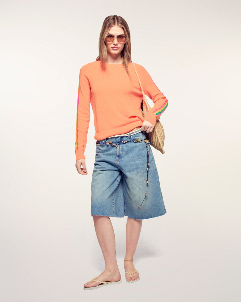 Pull Col Rond Bandes Multicolores Aux Manches - Star Orange