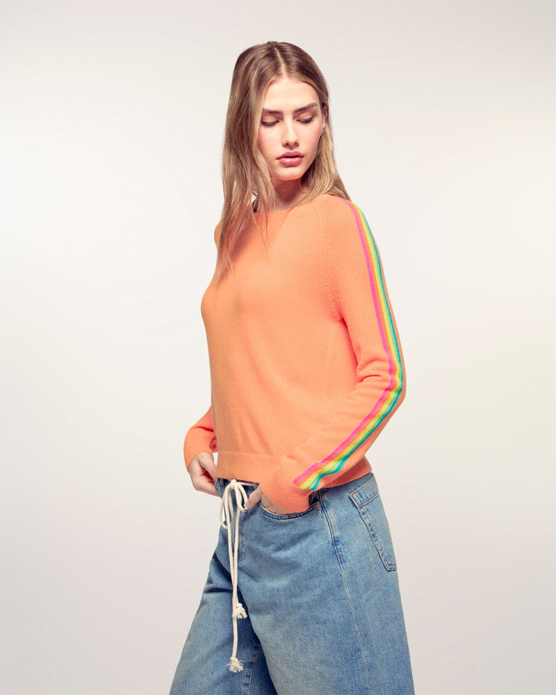 Pull Col Rond Bandes Multicolores Aux Manches - Star Orange