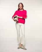 Pull Col Rond Bandes Multicolores aux Manches - Tropical Raspberry