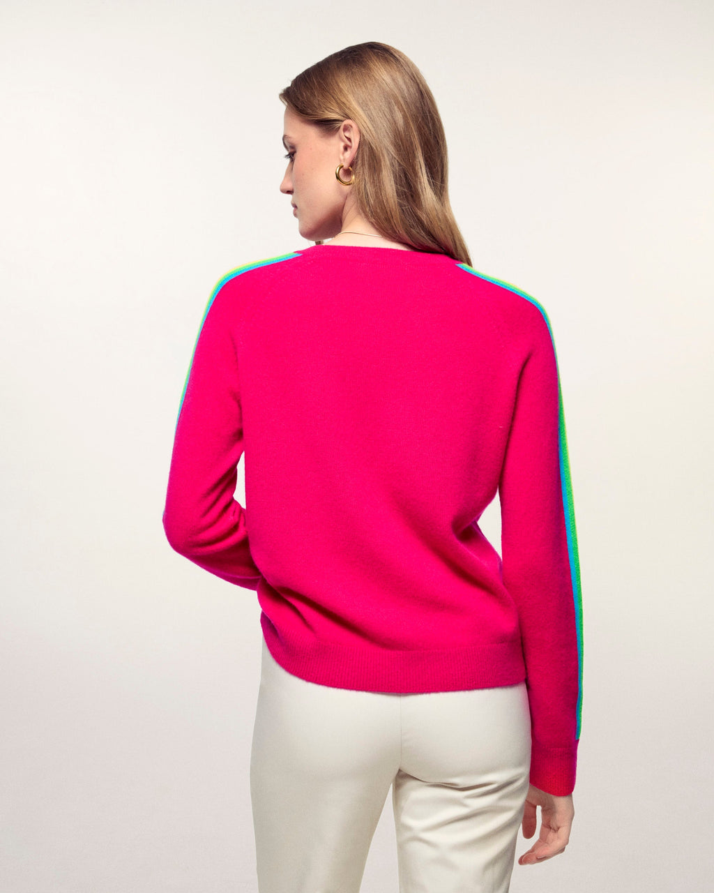 Pull Col Rond Bandes Multicolores aux Manches - Tropical Raspberry