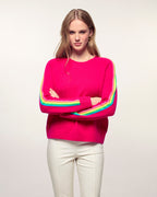 Pull Col Rond Bandes Multicolores aux Manches - Tropical Raspberry