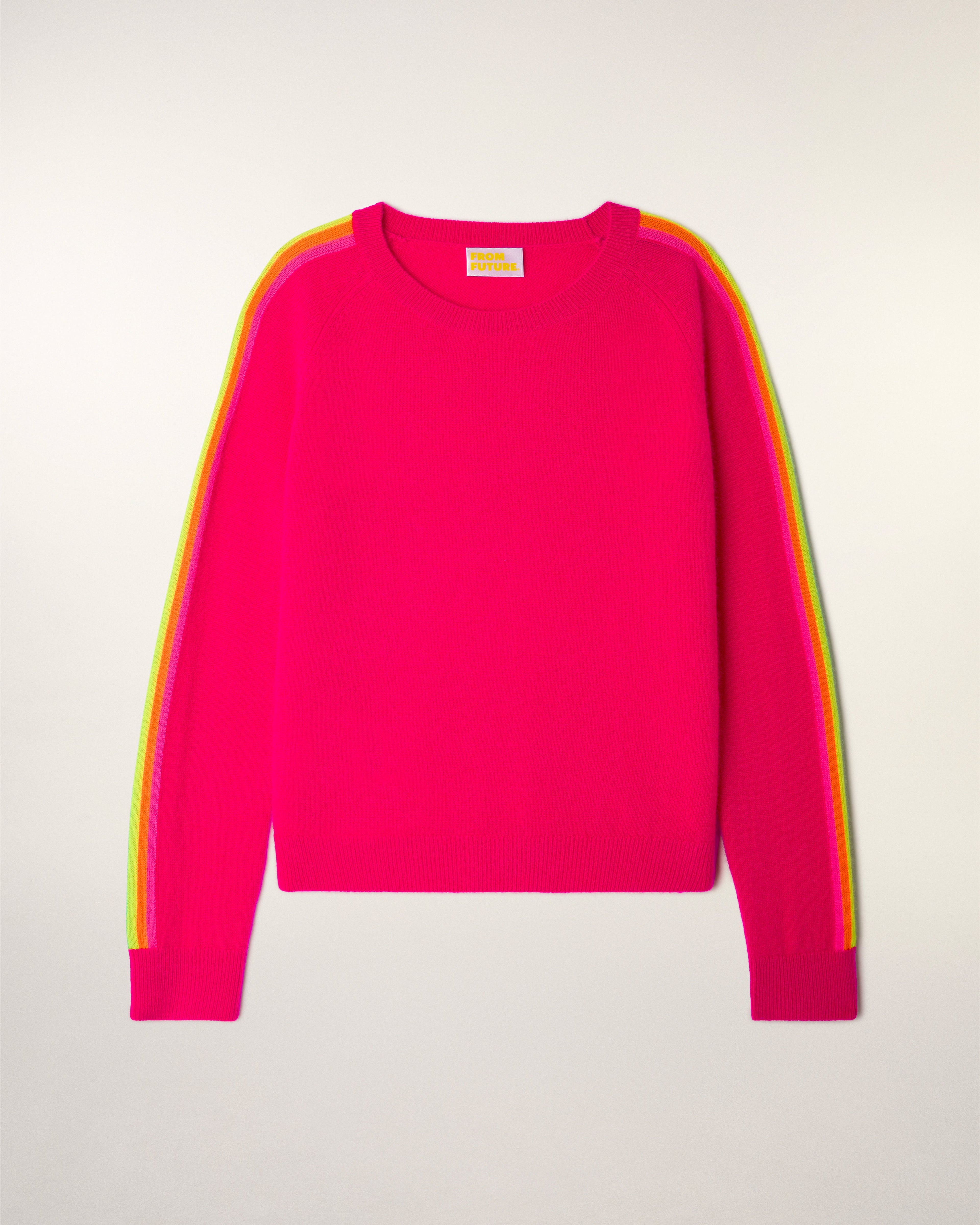 Pull Col Rond Bandes Multicolores aux Manches - Tropical Raspberry