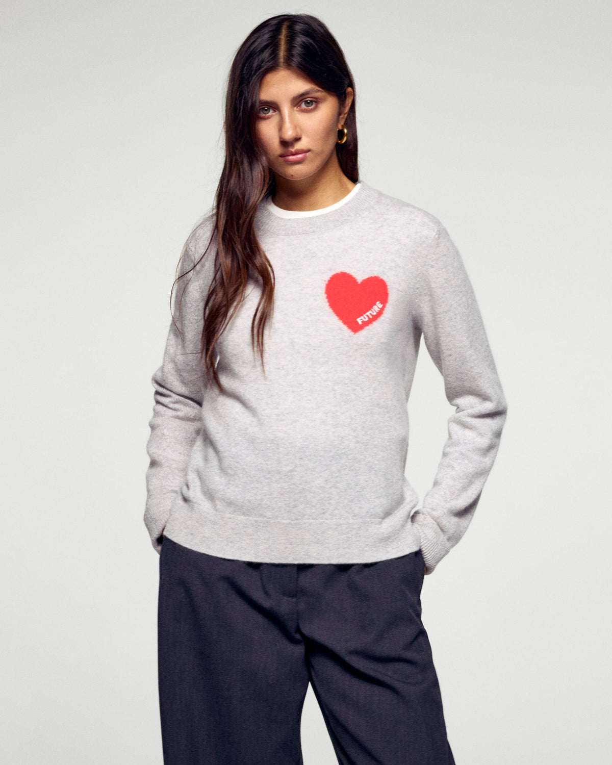 Pull Col Rond Cœur Broderie Future - Gris Chiné Clair - Femme