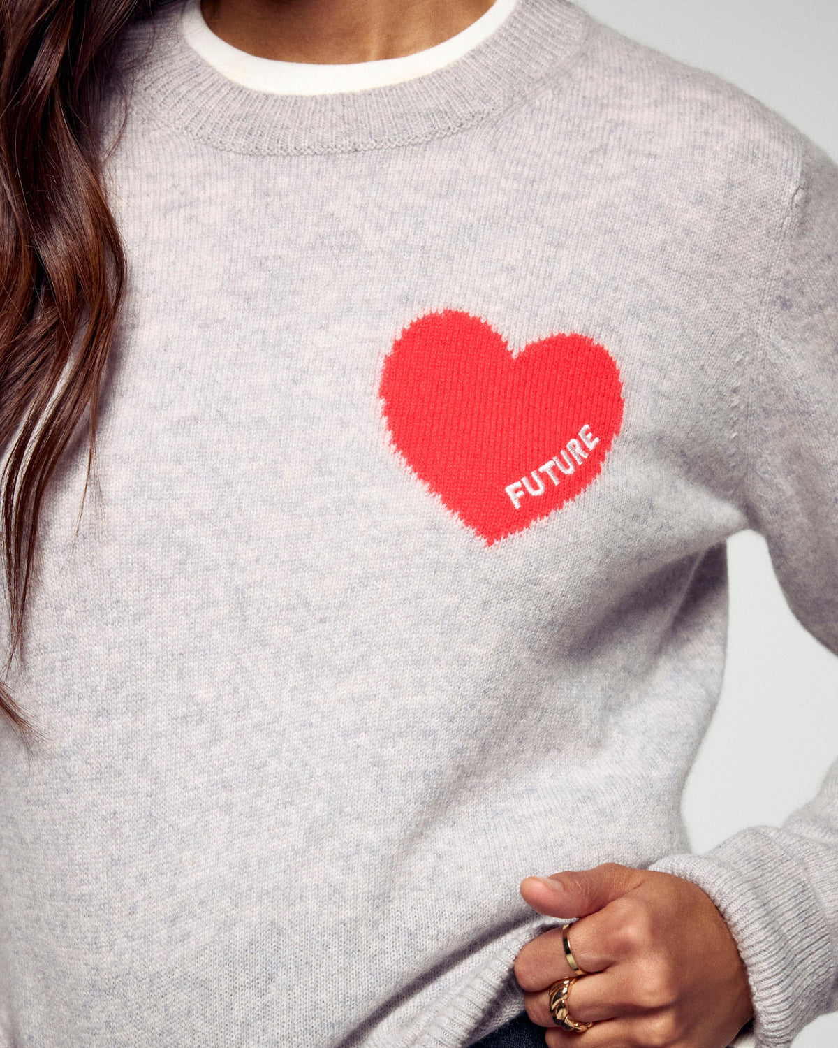 Pull Col Rond Cœur Broderie Future - Gris Chiné Clair - Femme