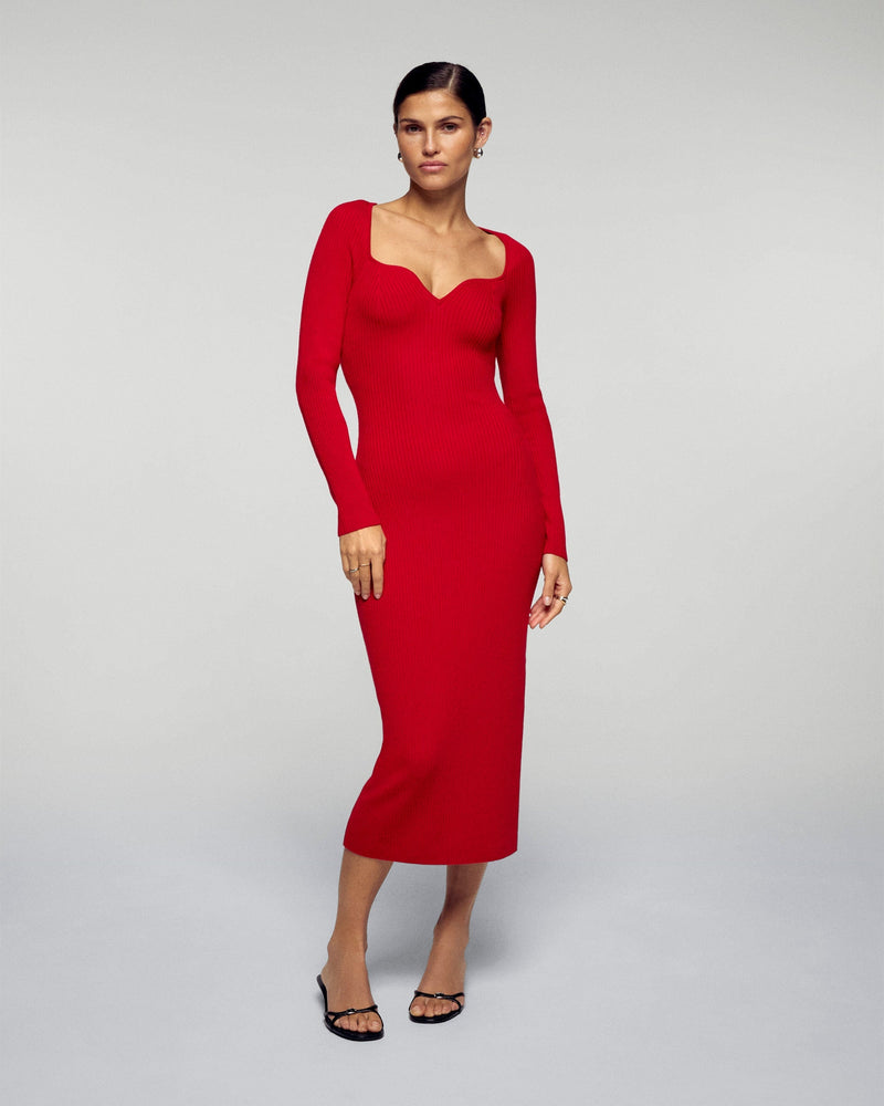 Robe Manches Longues Décolleté Cœur- Hot Red - Femme