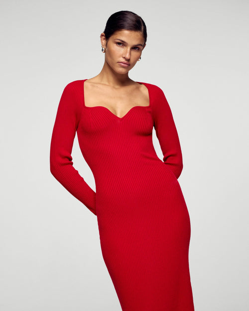 Robe Manches Longues Décolleté Cœur- Hot Red - Femme
