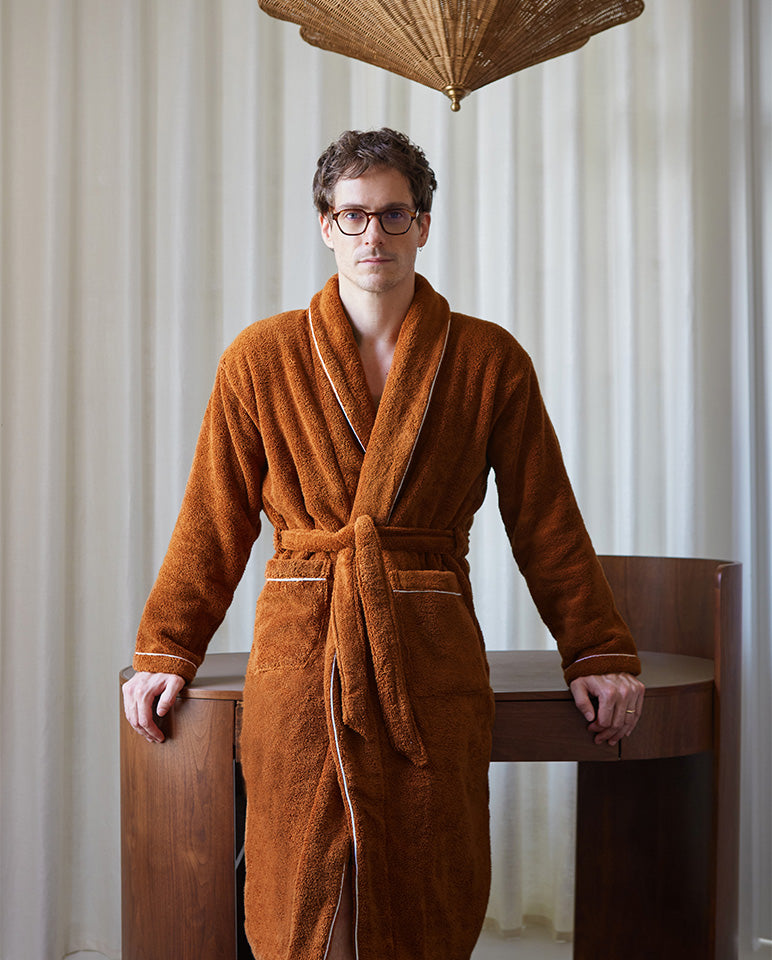 Peignoir Éponge Col Châle - Caramel Liseré Blanc