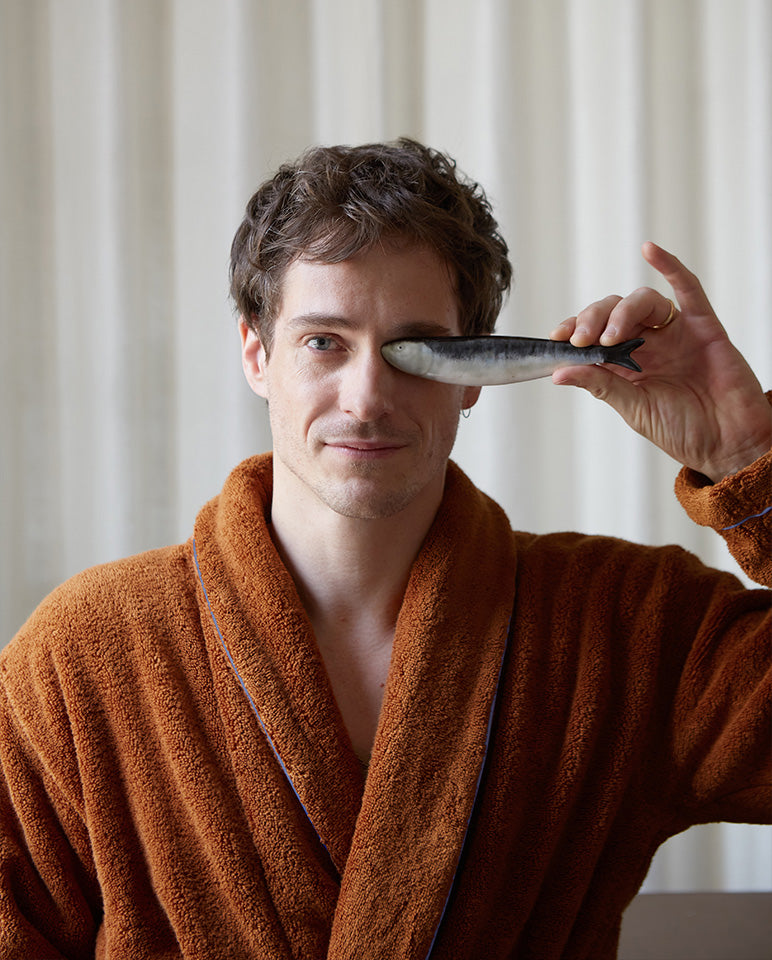 Peignoir Éponge Col Châle - Caramel Liseré Bleu Lavande