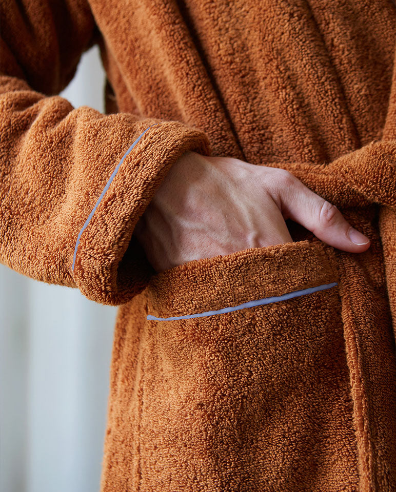 Peignoir Éponge Col Châle - Caramel Liseré Bleu Lavande