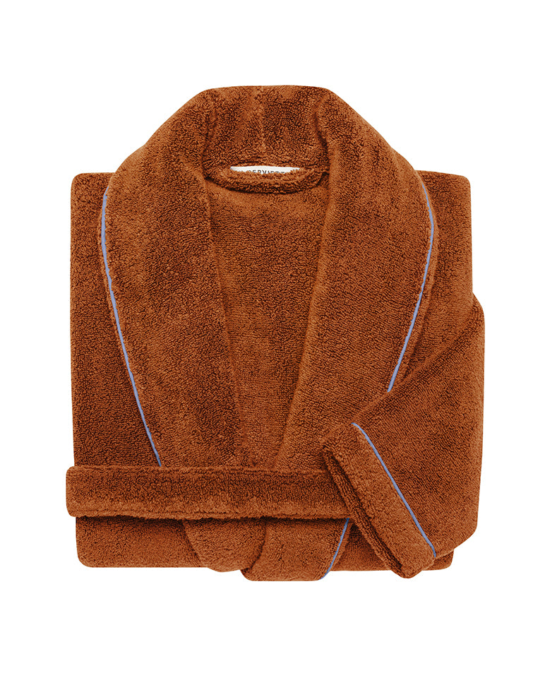 Peignoir Éponge Col Châle - Caramel Liseré Bleu Lavande