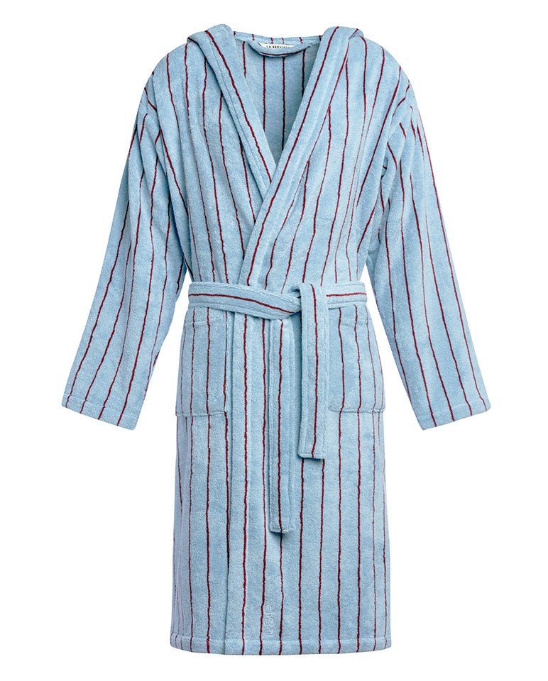 Accappatoio con Cappuccio in Spugna - Blu a Righe Rosse