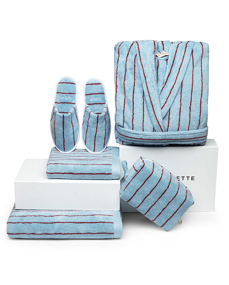 Accappatoio con Cappuccio in Spugna - Blu a Righe Rosse