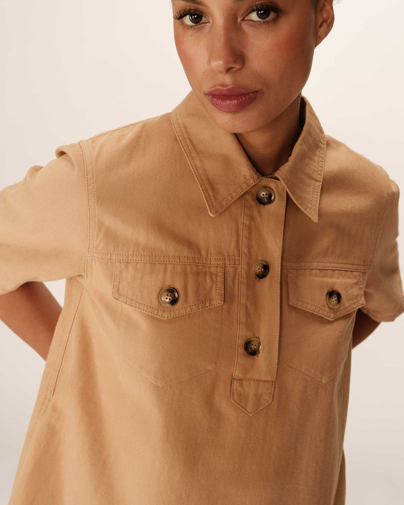 Vestido Corto Cuello Abotonado Camel Philine