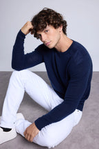 Pull Col Rond A Insert Effet Daim Philippe - Bleu Marine - Homme