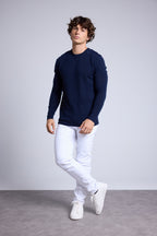 Pull Col Rond A Insert Effet Daim Philippe - Bleu Marine - Homme