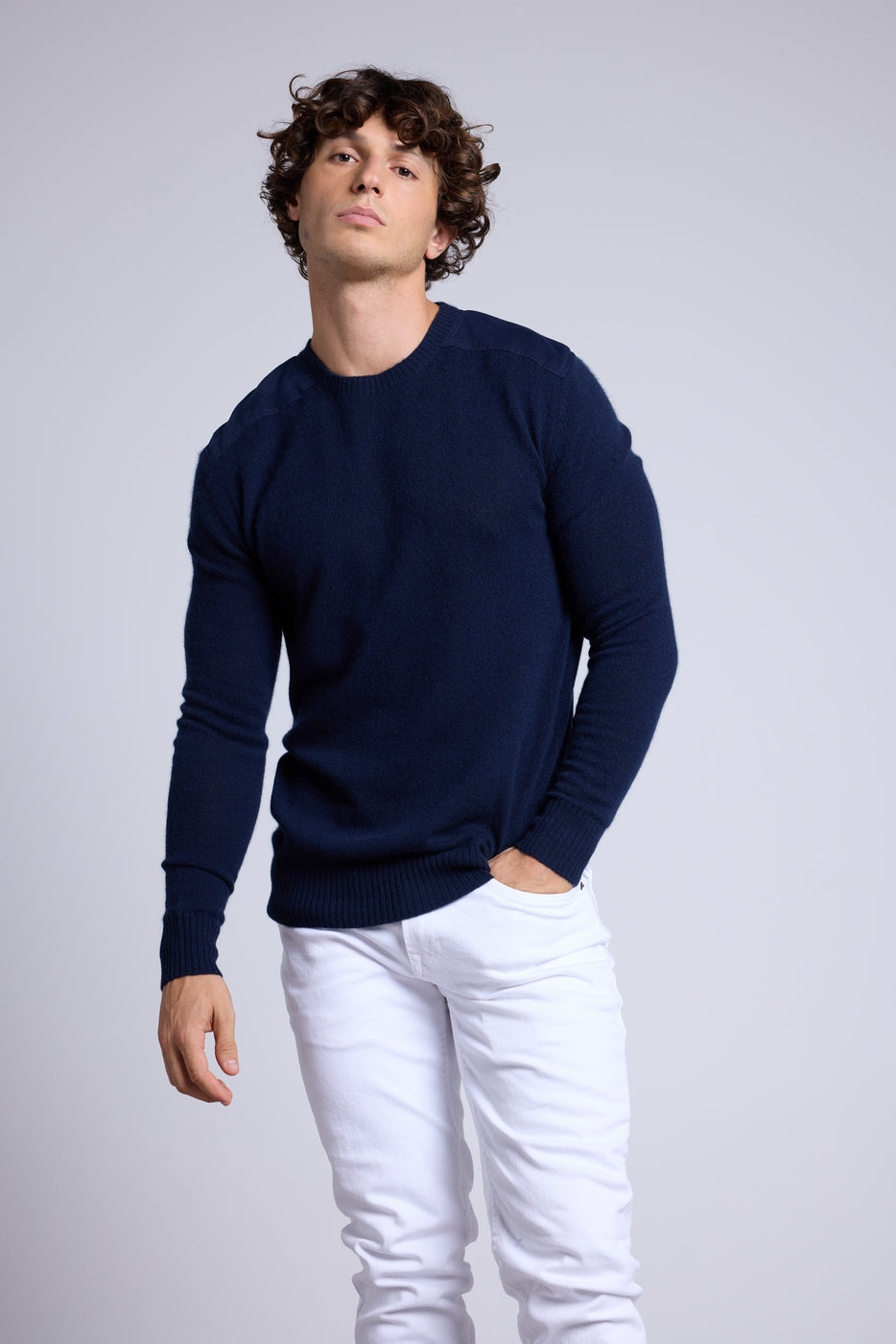 Pull Col Rond A Insert Effet Daim Philippe - Bleu Marine - Homme