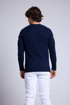 Pull Col Rond A Insert Effet Daim Philippe - Bleu Marine - Homme