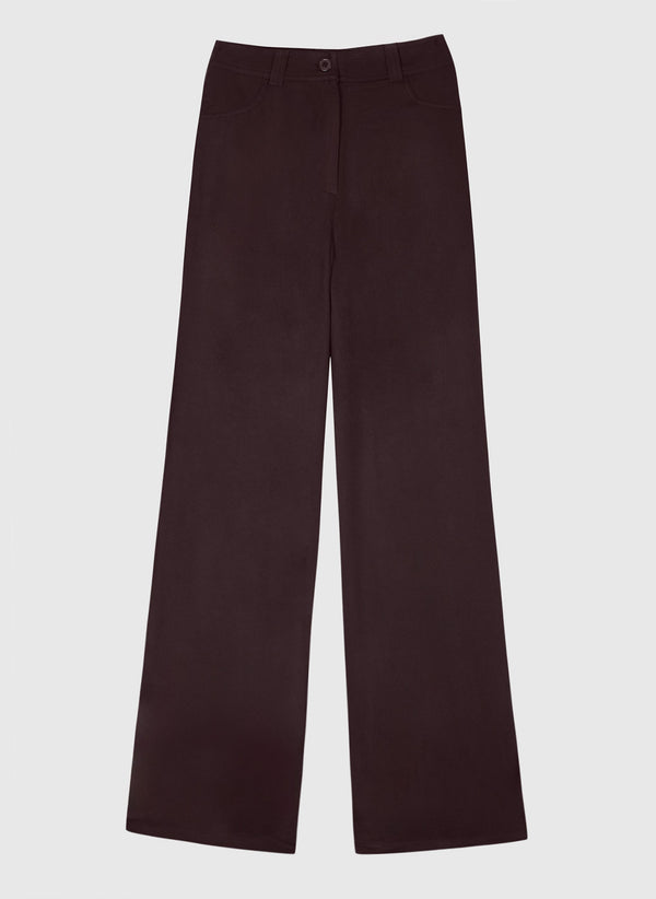 An'ge – Pantalon Phorila Wine, pantalon large marron foncé, vue de face, sur fond uni