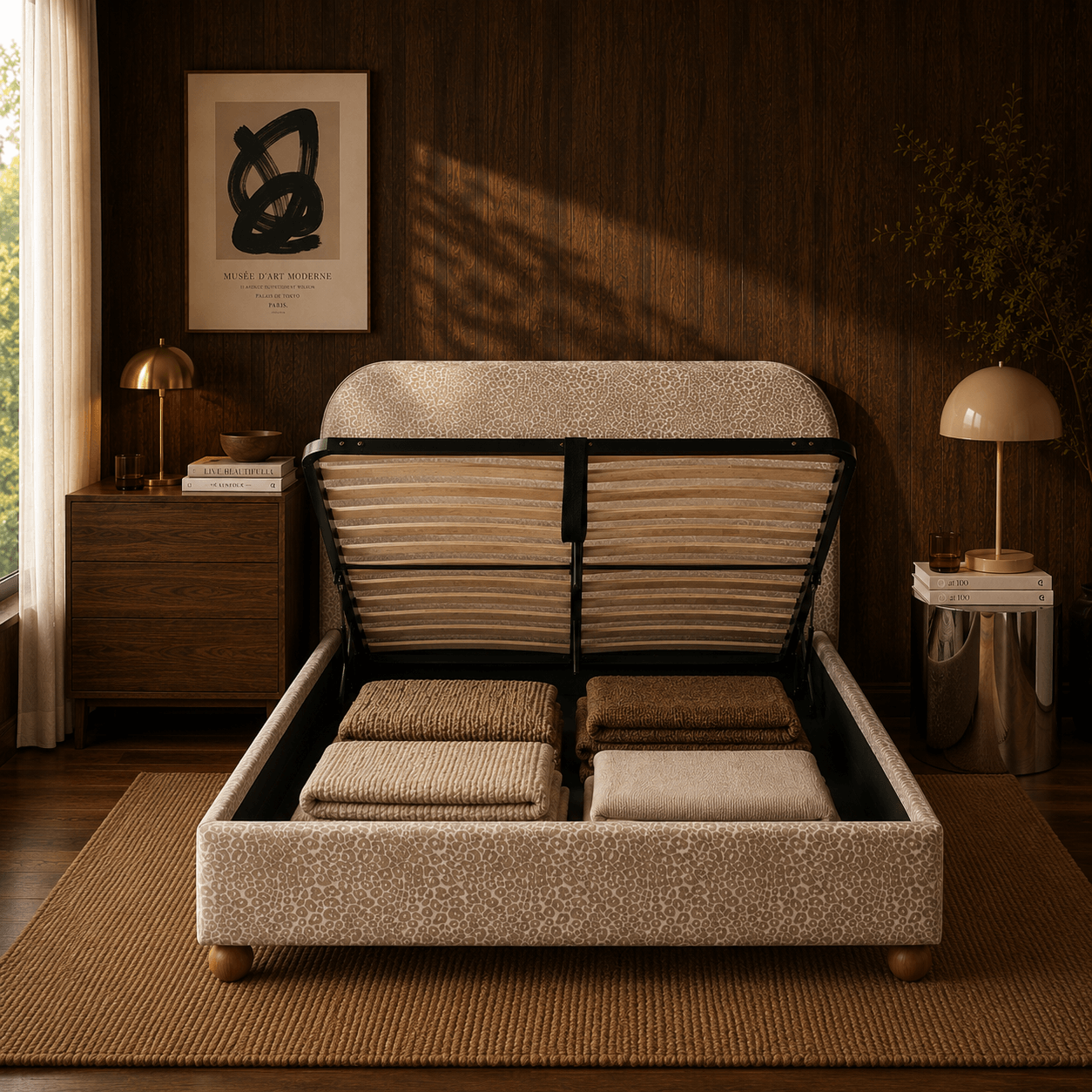 Pilka - Lit Coffre - Tissu Jacquard Léopard - Beige