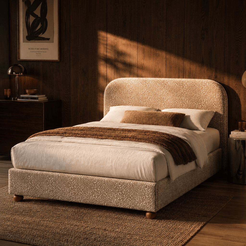 Pilka - Lit Coffre - Tissu Jacquard Léopard - Beige